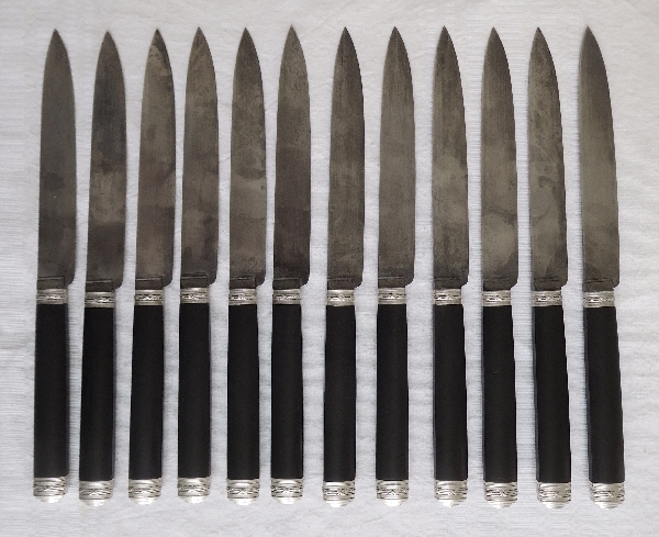 12 couteaux de table de style Louis XVI en ébène par Cardeilhac