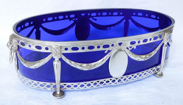 Grande jardinière Louis XVI en argent massif et cristal bleu cobalt - fin XVIIIe siècle / début XIXe siècle