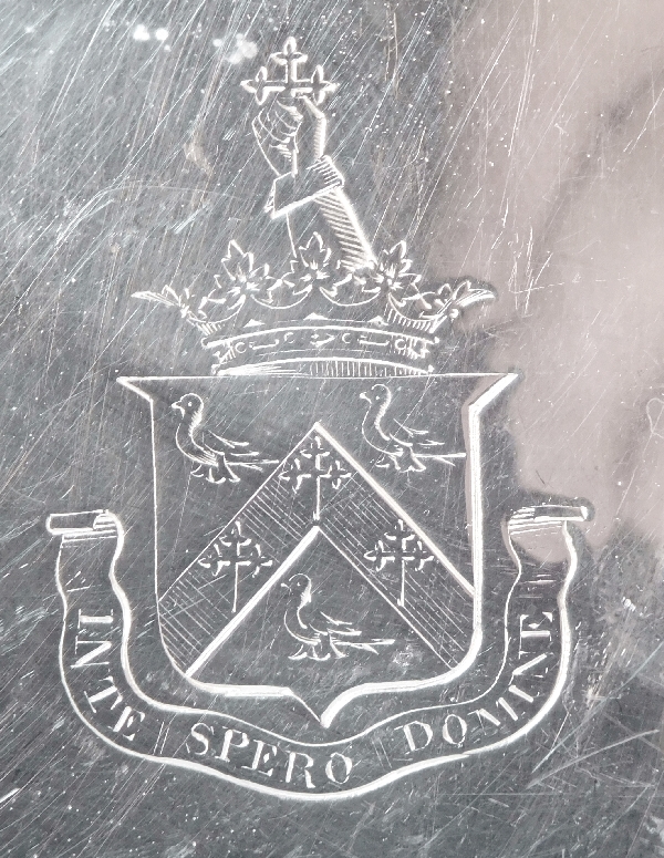 Paire de dessous de bouteille en métal argenté par Christofle, armoiries couronne ducale, famille Exshaw