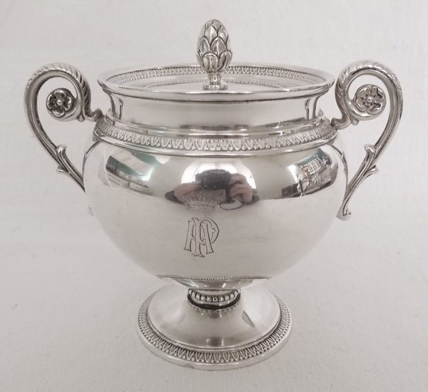 Puiforcat : sucrier de style Empire en argent massif et vermeil, couronne de Marquis, poinçon Minerve