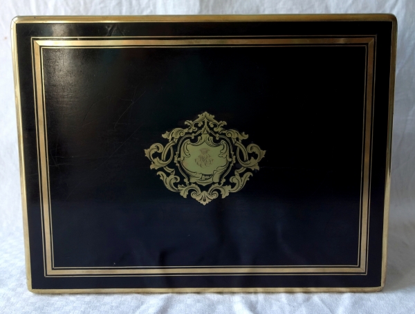 Grand coffret / cassette à bijoux d'époque Napoléon III en bois noirci à couronne de Comte