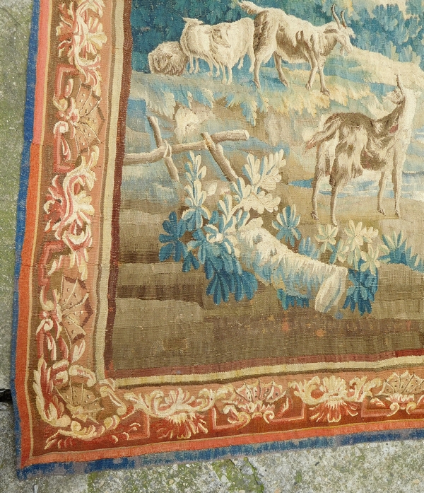 Tapisserie d'Aubusson polychrome d'époque Louis XV - XVIIIe : le gardien de chèvres - 255cm x 280cm