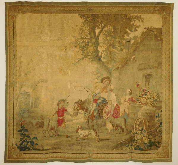 Tapisserie d'Aubusson polychrome d'époque Louis XVI, laine et soie : scène galante - 221cm x 228cm