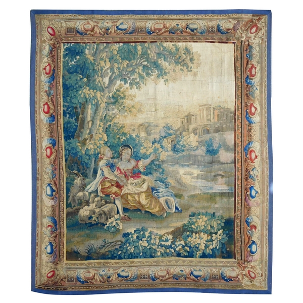 Tapisserie d'Aubusson polychrome, laine et soie, scène galante milieu XVIIIe siècle 188cm x 237cm