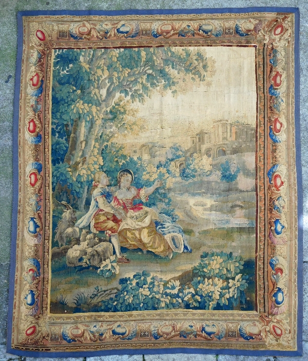 Tapisserie d'Aubusson polychrome, laine et soie, scène galante milieu XVIIIe siècle 188cm x 237cm