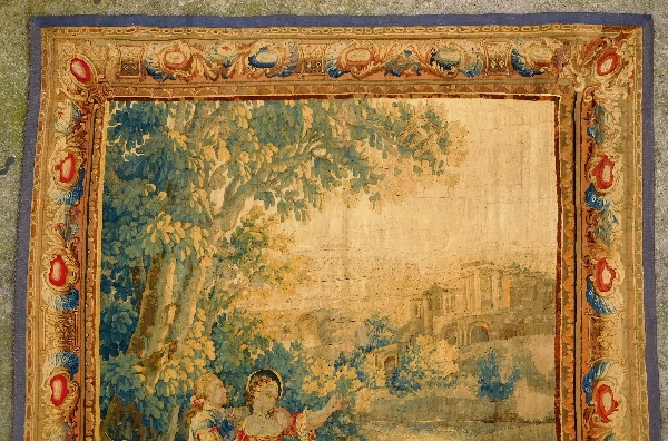 Tapisserie d'Aubusson polychrome, laine et soie, scène galante milieu XVIIIe siècle 188cm x 237cm