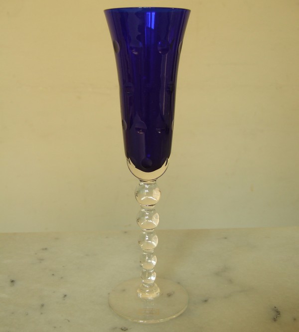 Flûte à champagne en cristal de St Louis, modèle Bubbles bleu cobalt NEUVE