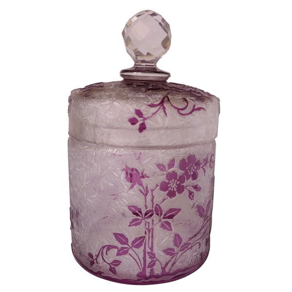 Boîte à poudre en cristal de Baccarat, modèle Eglantier violet - étiquette papier