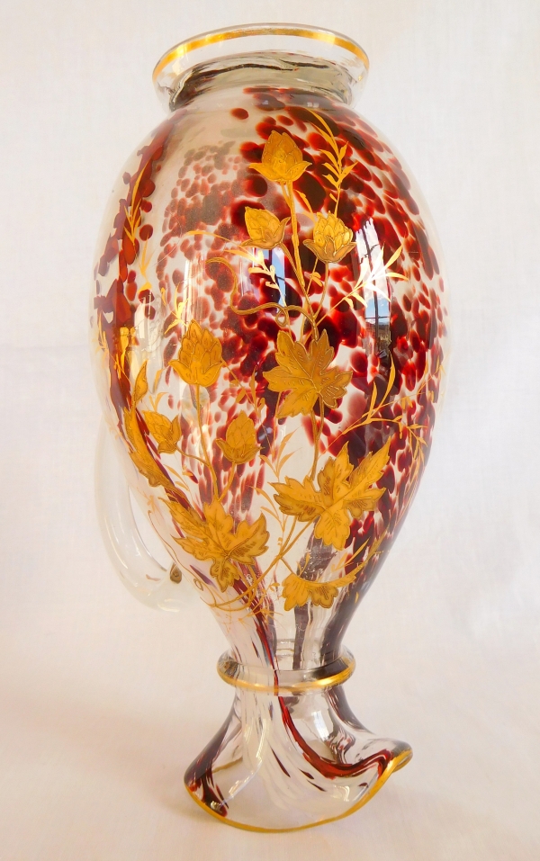 Ernest Leveillé : pichet en verre gravé et doré d'époque Art Nouveau