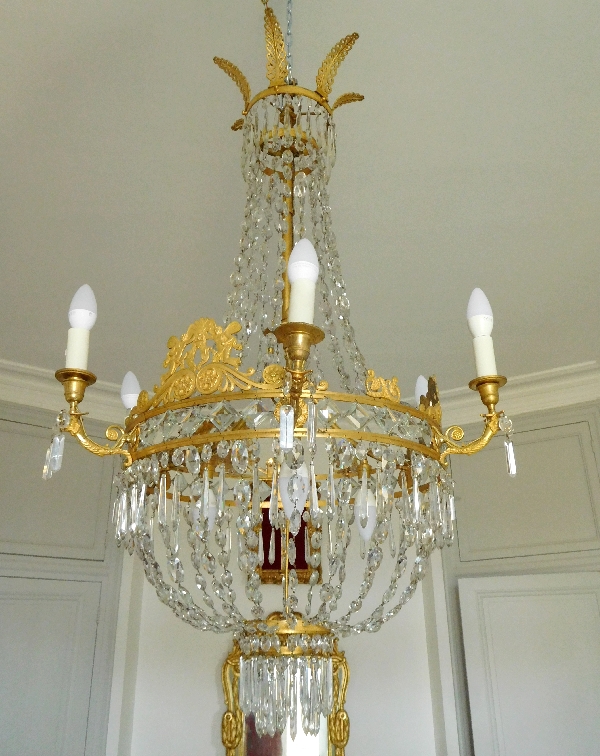 Grand lustre corbeille en cristal et bronze doré au mercure, époque Empire, 9 lumières