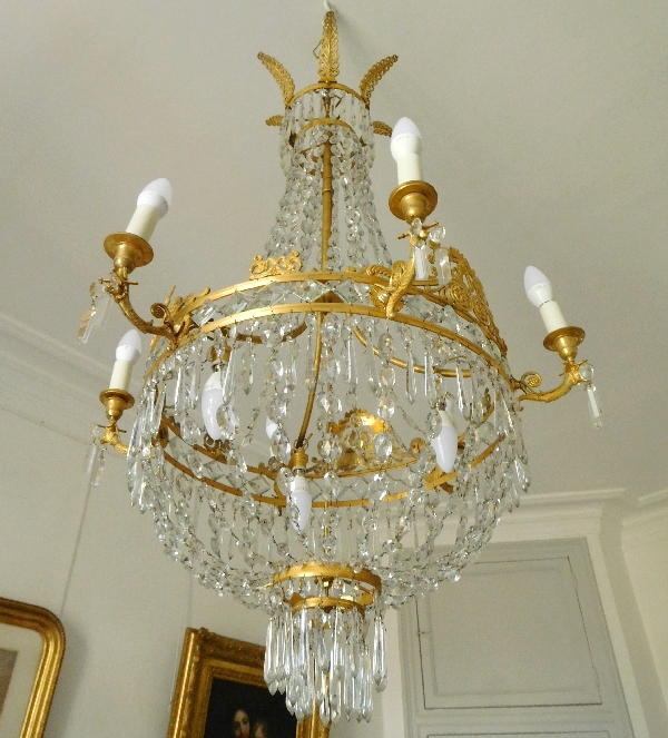 Grand lustre corbeille en cristal et bronze doré au mercure, époque Empire, 9 lumières