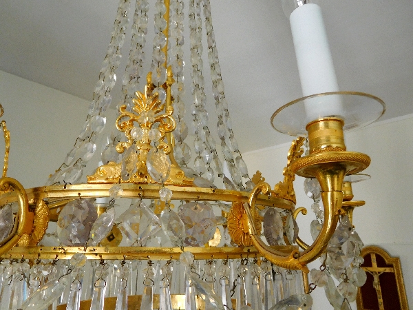 Grand lustre corbeille Empire en cristal et bronze doré au mercure, époque Restauration, 6 feux