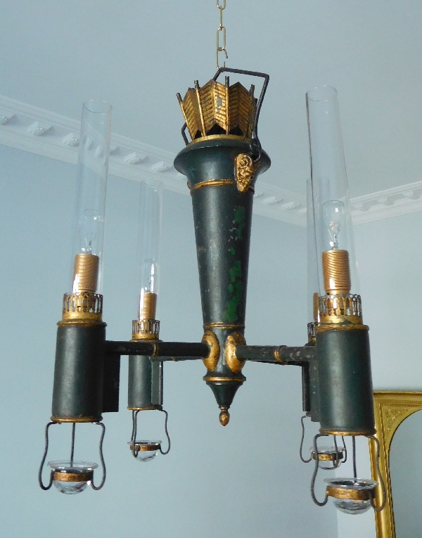 Lustre à quinquets en tôle d'époque Empire - Restauration