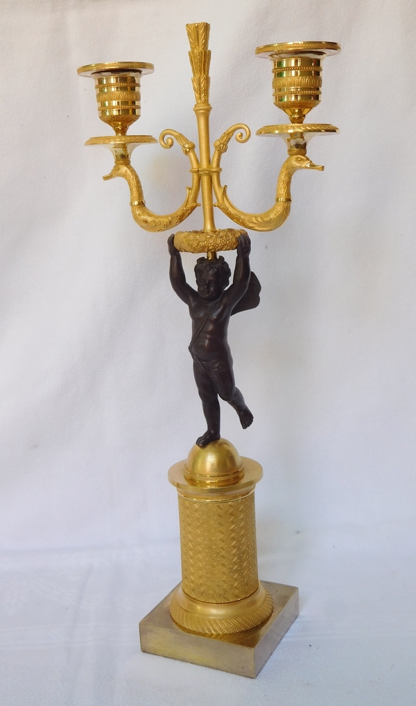 Paire de candélabres en bronze patiné et doré d'époque Empire / Restauration