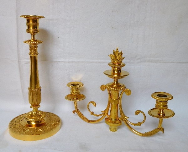 Gérard Jean Galle : paire de candélabres en bronze doré d'époque Empire Restauration