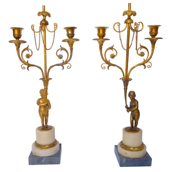 Paire de candélabres de style Louis XVI d'époque Napoléon III - bronze doré et marbre