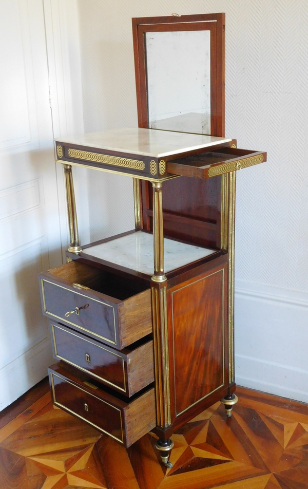 Barbière table de toilette d'époque Louis XVI Directoire en acajou moucheté