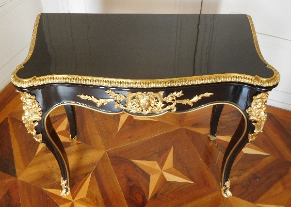 Table à jeu - console bois laqué & bronze doré style Régence, époque Napoléon III