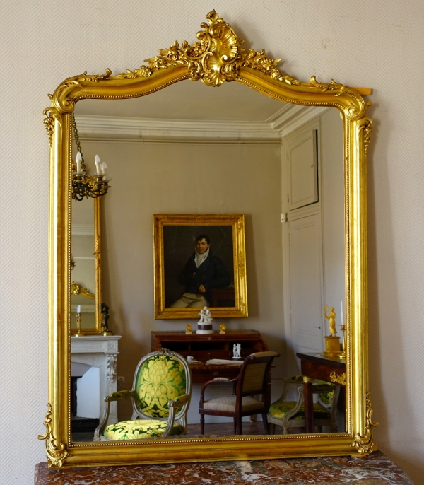 Miroir de cheminée Louis XV en bois doré - fin XIXe siècle - 158cm x 130cm