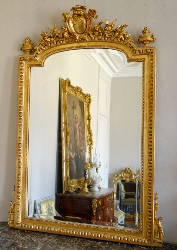 Miroir de cheminée de style Louis XVI en bois doré, époque XIXe siècle vers 1880 - 153cm x 109cm