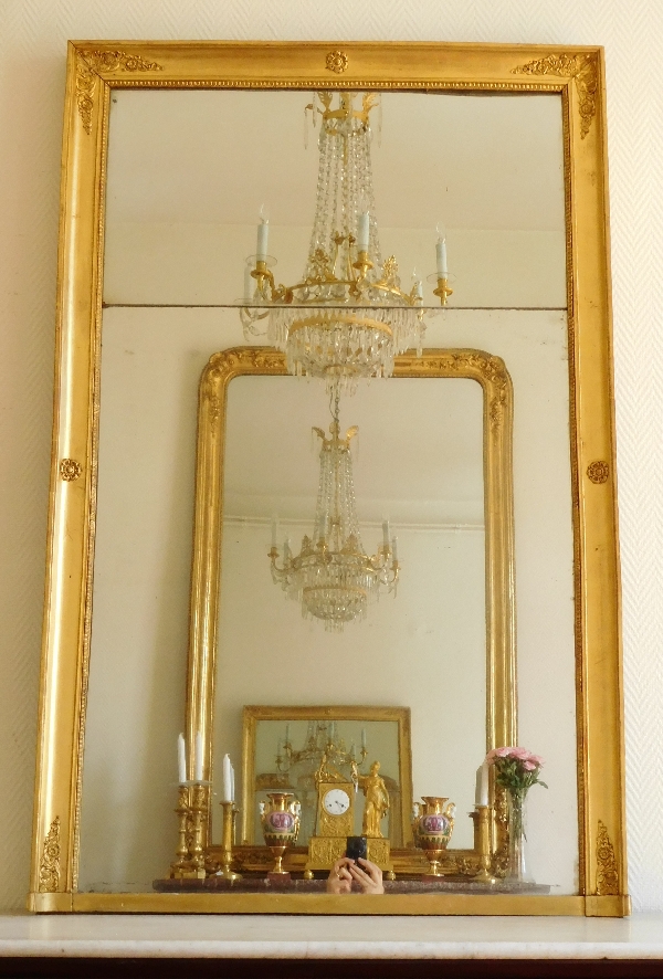 Miroir de cheminée en bois doré, glace au mercure en 2 parties, époque Empire, 88,5cm x 129cm