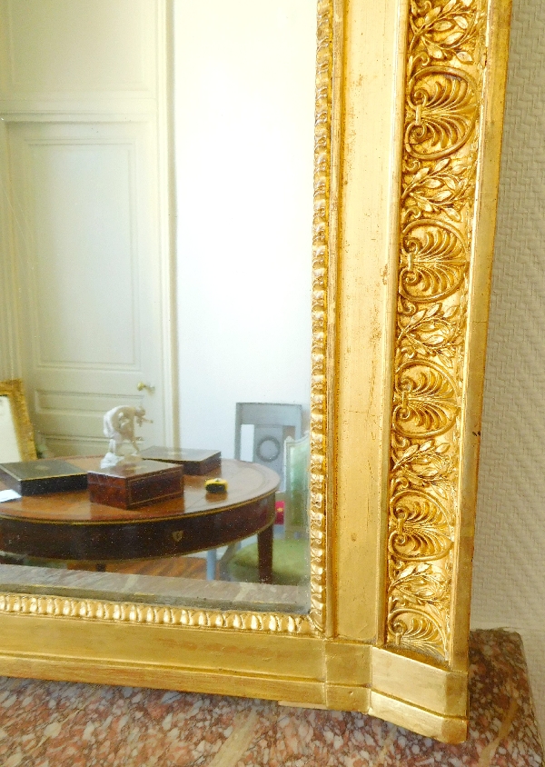 Grand miroir de cheminée, cadre en bois doré, glace au mercure, époque Empire - 197cm