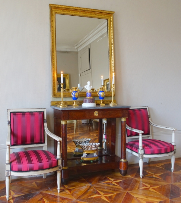 Trumeau, miroir de boiserie d'époque Empire en bois laqué et doré, glace au mercure