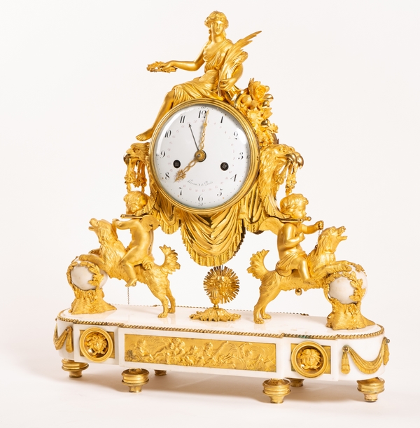 Pendule de cheminée d'époque Louis XVI, bronze doré & marbre, modèle du Prince Eugène à La Malmaison