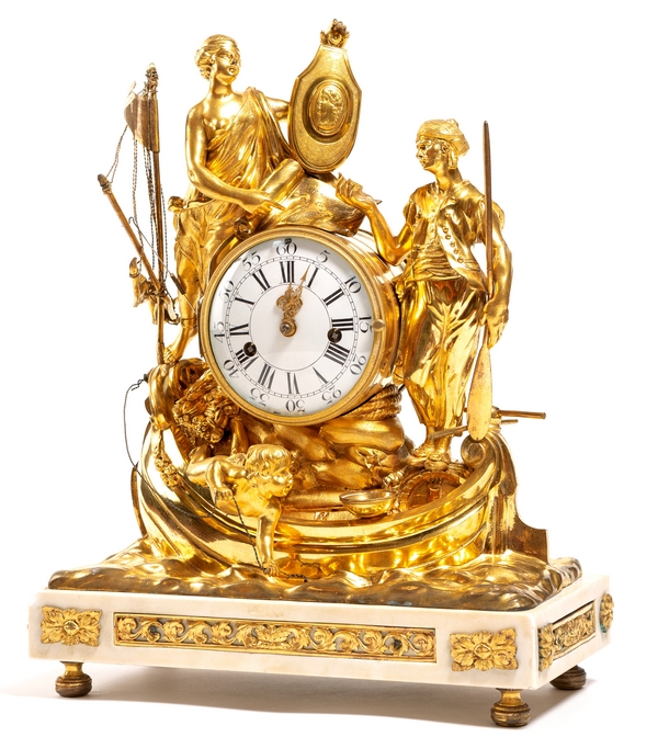 Pendule de l'allégorie du commerce maritime en bronze doré et marbre - époque Louis XV