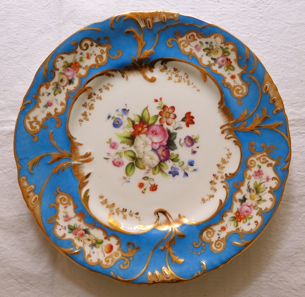 Jacob Petit : service à dessert - 12 assiettes en porcelaine bleu turquoise, bouquets de fleurs et or