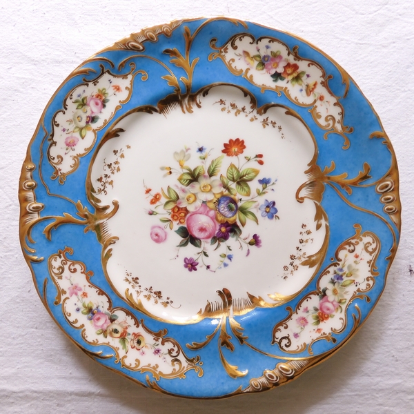 Jacob Petit : service à dessert - 12 assiettes en porcelaine bleu turquoise, bouquets de fleurs et or