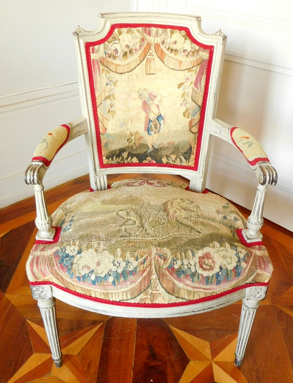 Paire de fauteuils cabriolets d'époque Louis XVI, tapisserie d'Aubusson XVIIIe (doublée)