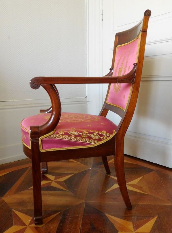 Paire de fauteuils Empire en acajou, fauteuils d'officier en glaive romain - soie ancienne