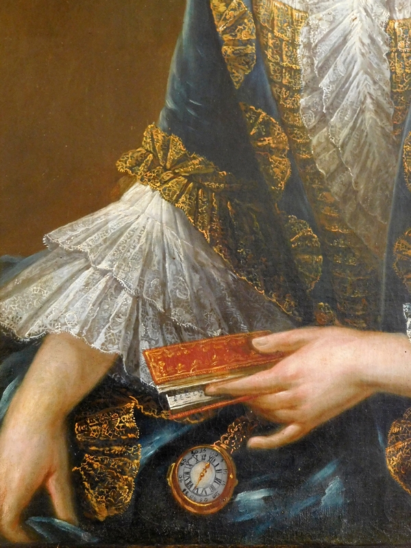 Ecole Française du XVIIIe, grand portrait d'aristocrate en robe de cour, huile sur toile - 75cm x 96cm