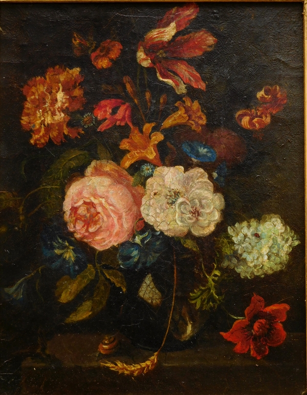 Ecole hollandaise du XVIIIe siècle : bouquet de fleurs, huile sur toile, cadre en bois doré