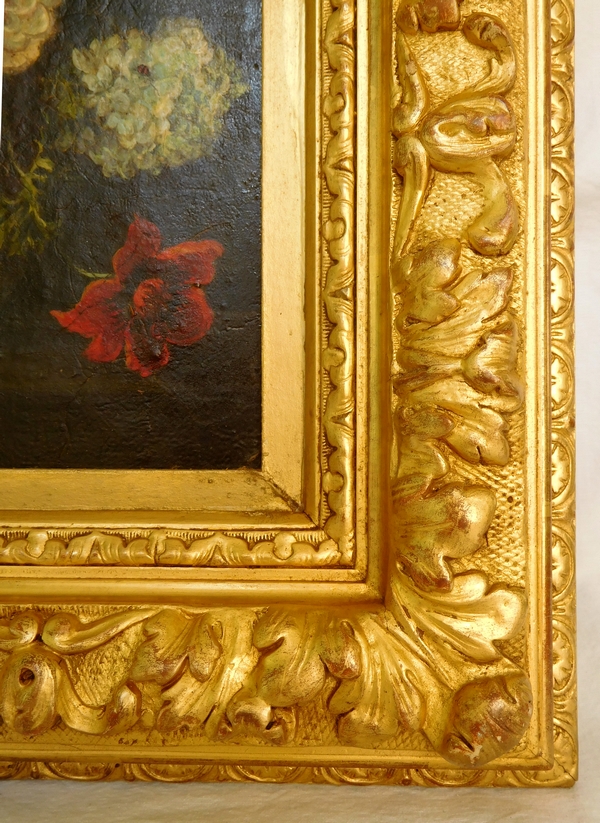 Ecole hollandaise du XVIIIe siècle : bouquet de fleurs, huile sur toile, cadre en bois doré