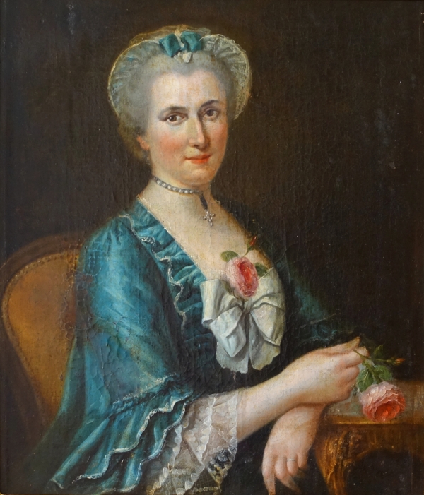 Ecole française du XVIIIe siècle : grand portrait de dame aristocrate d'époque Louis XV, huile sur toile
