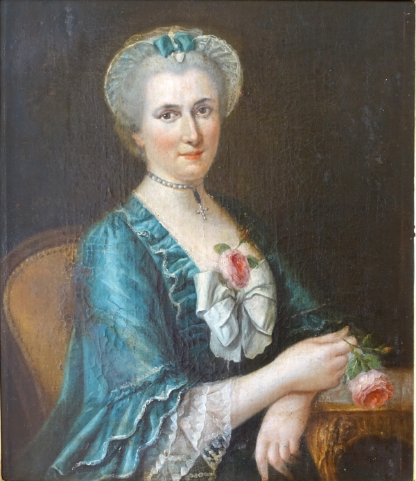 Ecole française du XVIIIe siècle : grand portrait de dame aristocrate d'époque Louis XV, huile sur toile
