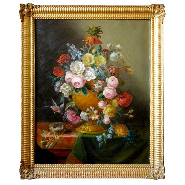 Ecole Française du XIXe siècle : grand tableau de fleurs vers1840 - 92cm x 73cm