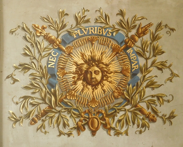 Grande huile sur cuivre royaliste aux armes de Louis XIV - époque Restauration XIXe siècle