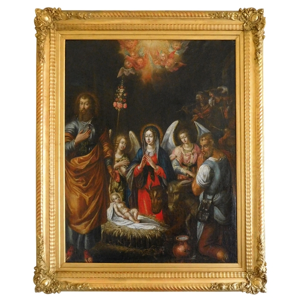 Ecole du XVIIe siècle, huile sur toile : la Nativité - Sainte Famille dans la crèche 76cm x 104cm