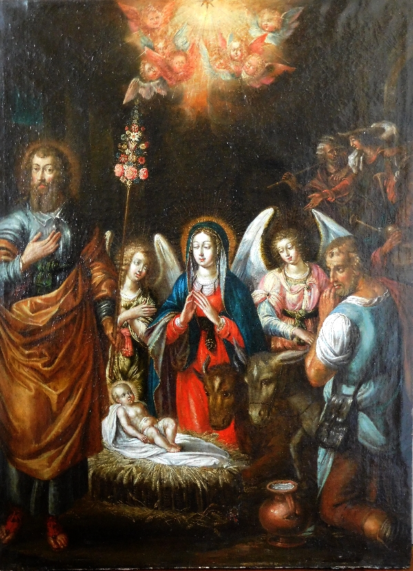 Ecole du XVIIe siècle, huile sur toile : la Nativité - Sainte Famille dans la crèche 76cm x 104cm