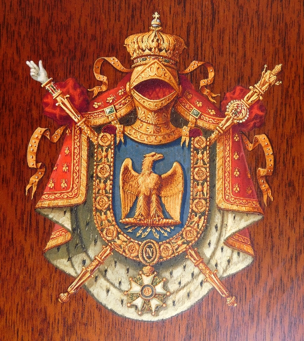 Miniature les Grandes Armes Impériales de Napoléon III, huile sur panneau d'acajou, souvenir historique