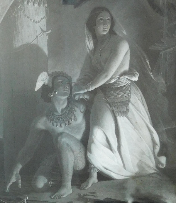 Grande gravure romantique d'époque XIXe dans son cadre doré à la feuille d'or : Atala et Chactas