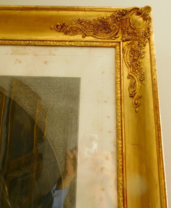 Grande gravure romantique d'époque XIXe dans son cadre doré à la feuille d'or : Atala et Chactas