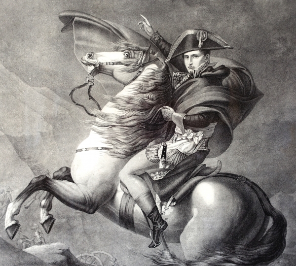 Gravure Napoléon Bonaparte franchissant le Grand-Saint-Bernard, gravure d'époque Empire