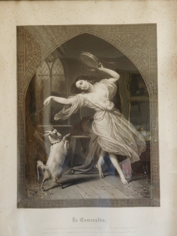 Grande gravure romantique XIXe : Esmeralda - Notre Dame de Paris - Victor Hugo