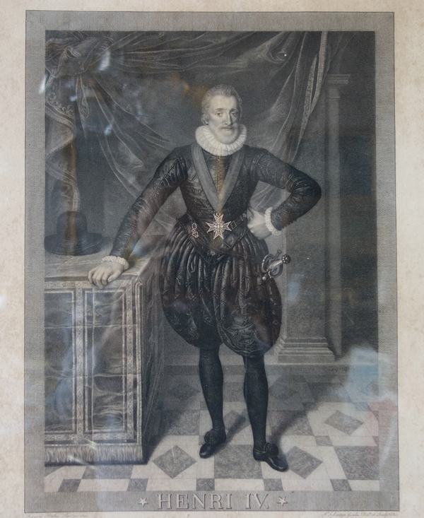 Gravure royaliste : Henri IV, cadre en bois doré aux Armes de France époque Restauration