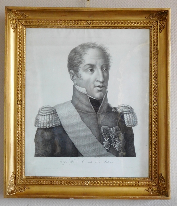 Portrait du Comte d'Artois futur Roi Charles X - gravure d'époque Restauration - 69cm x 79cm