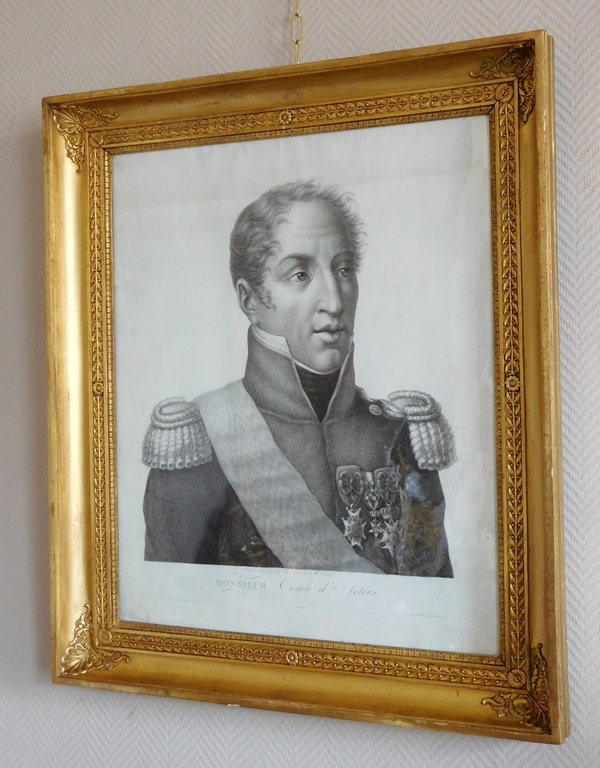 Portrait du Comte d'Artois futur Roi Charles X - gravure d'époque Restauration - 69cm x 79cm